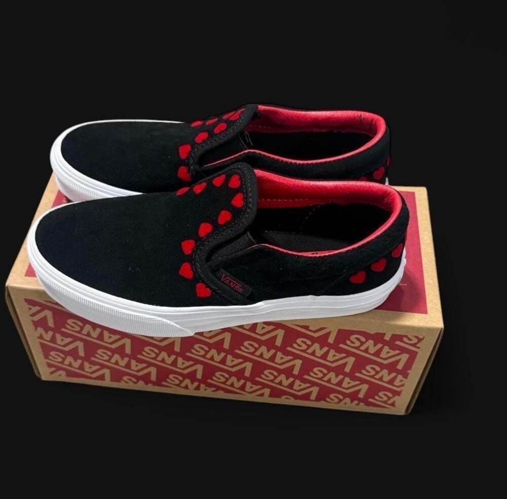 Vans Kids Black Slip-On Sneakers with Red Heart Accents - Picture 2 of 4